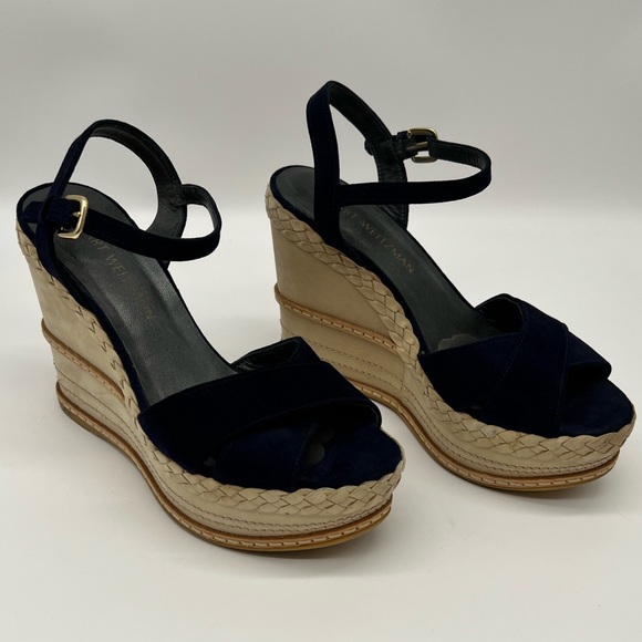 Stuart Weitzman Sundry Suede Braided Platform Navy Wedge Sandal Size 8